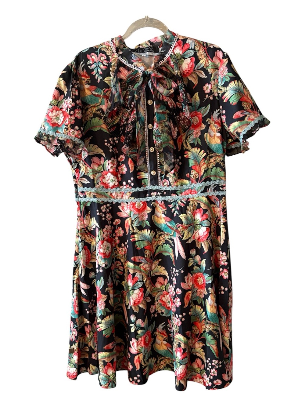 NWT Dalia MacPhee Tie Neck Floral Mini Dress with Lace Trim Size Large